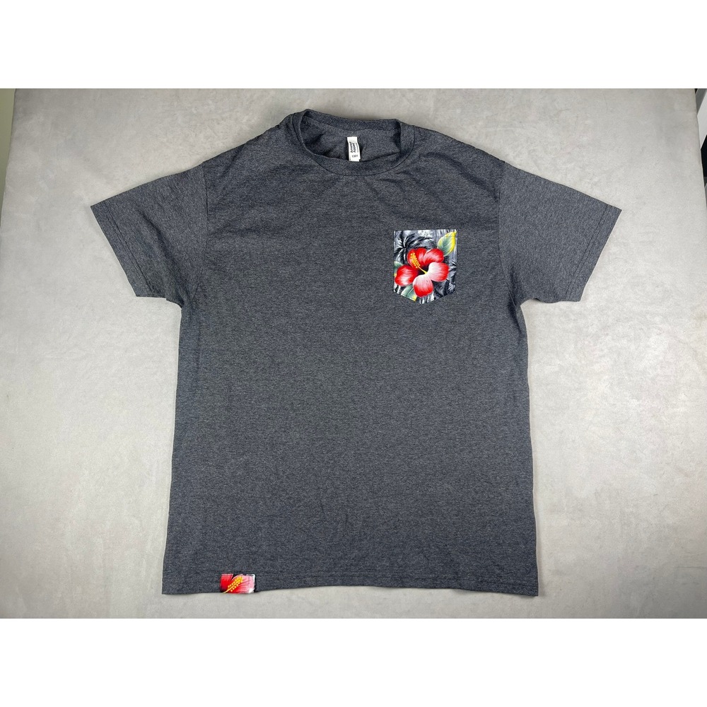 American Apparel 1301 Charcoal Grey Hibiscus Floral Pocket T-Shirt Mens Large